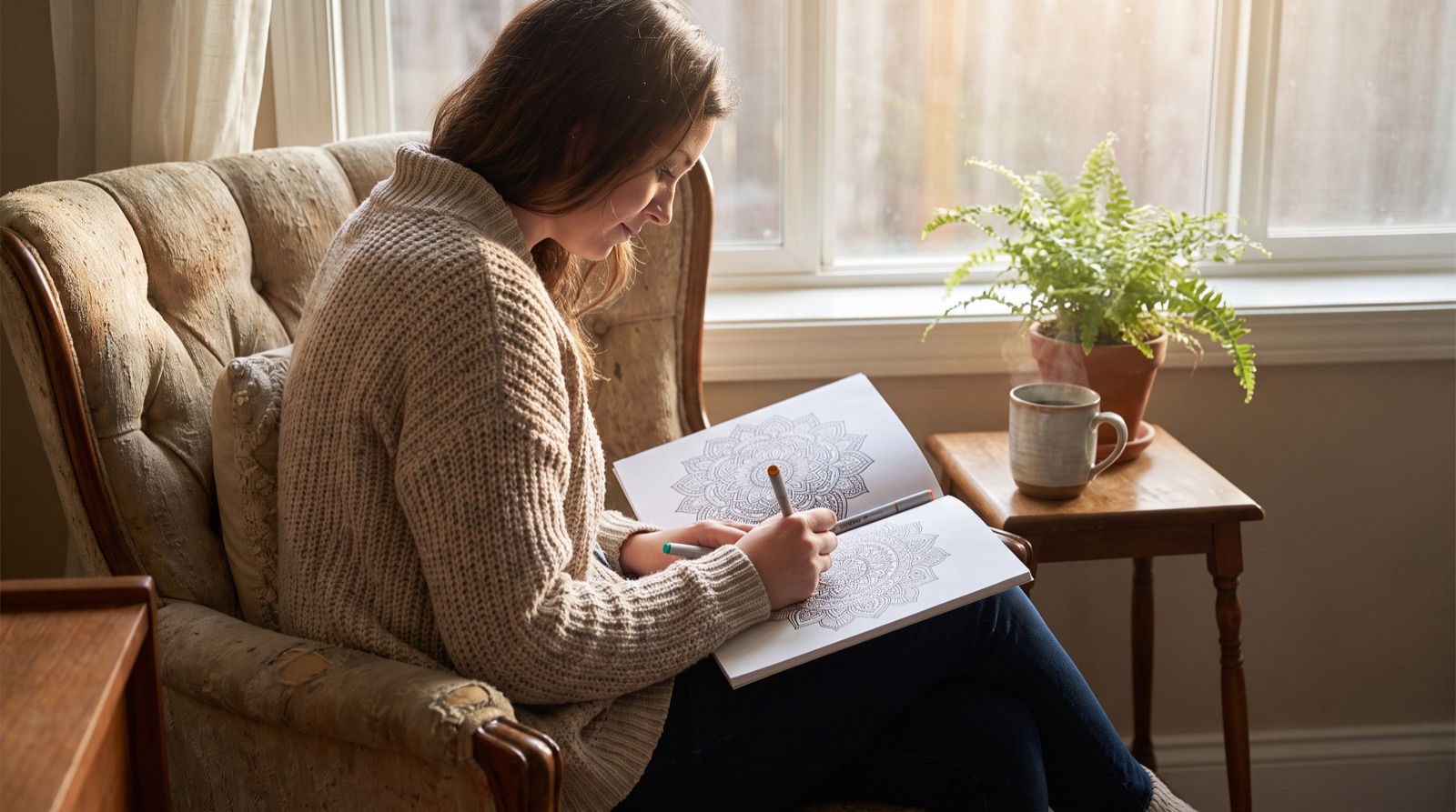 Woman coloring an intricate mandala page in an armchair with a cup of tea