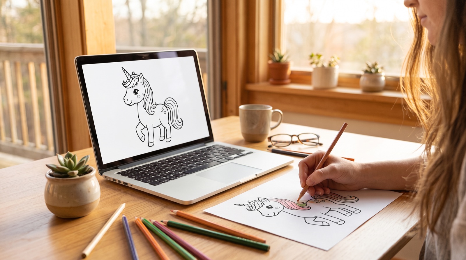 Laptop showing a unicorn line-art page next to the same printed page being colored
