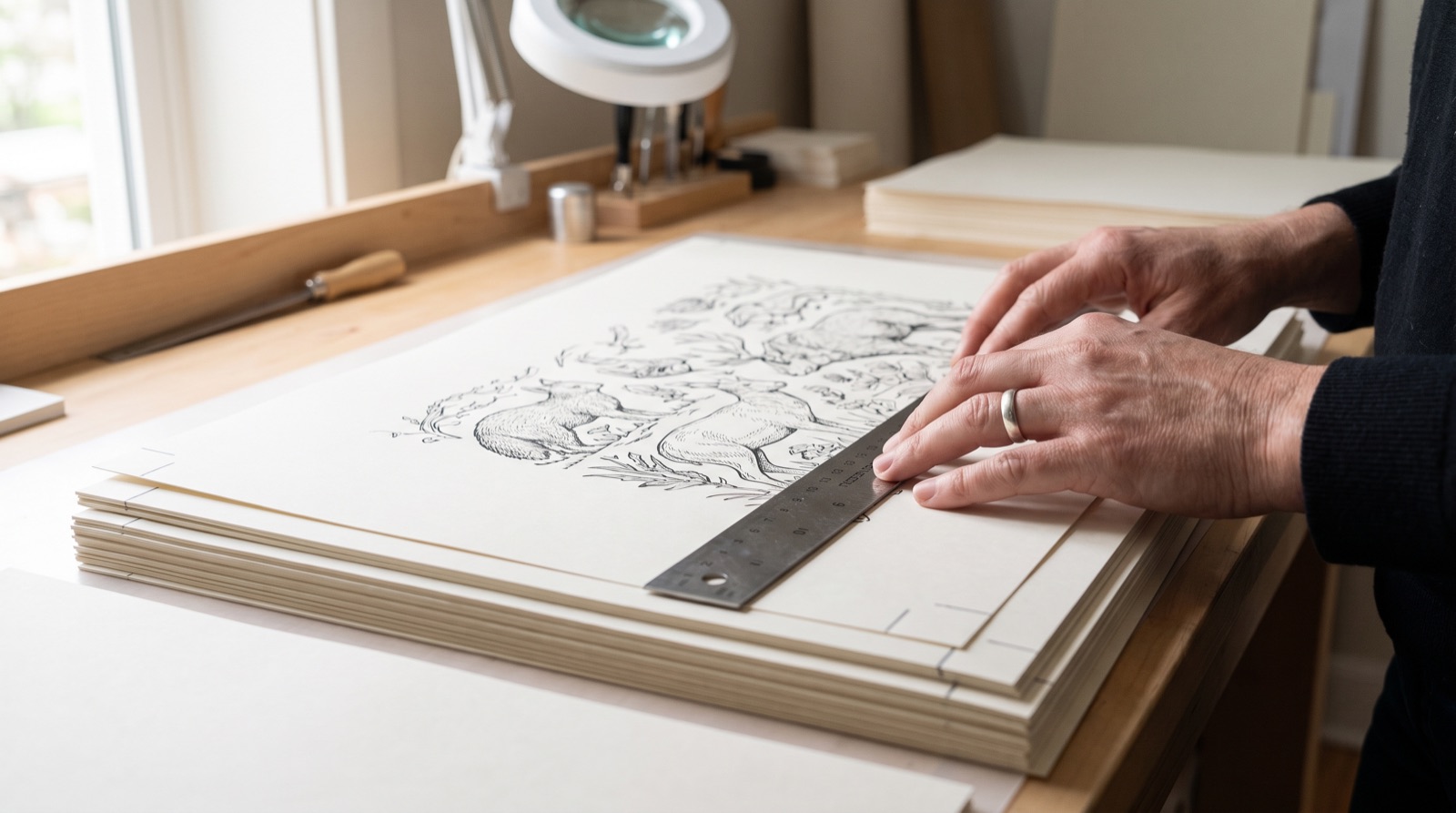 Hands checking printed coloring book pages with a ruler