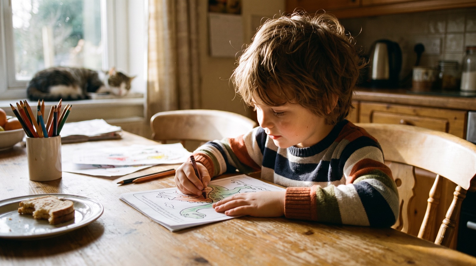 Young child coloring a dinosaur page with crayons at a kitchen table