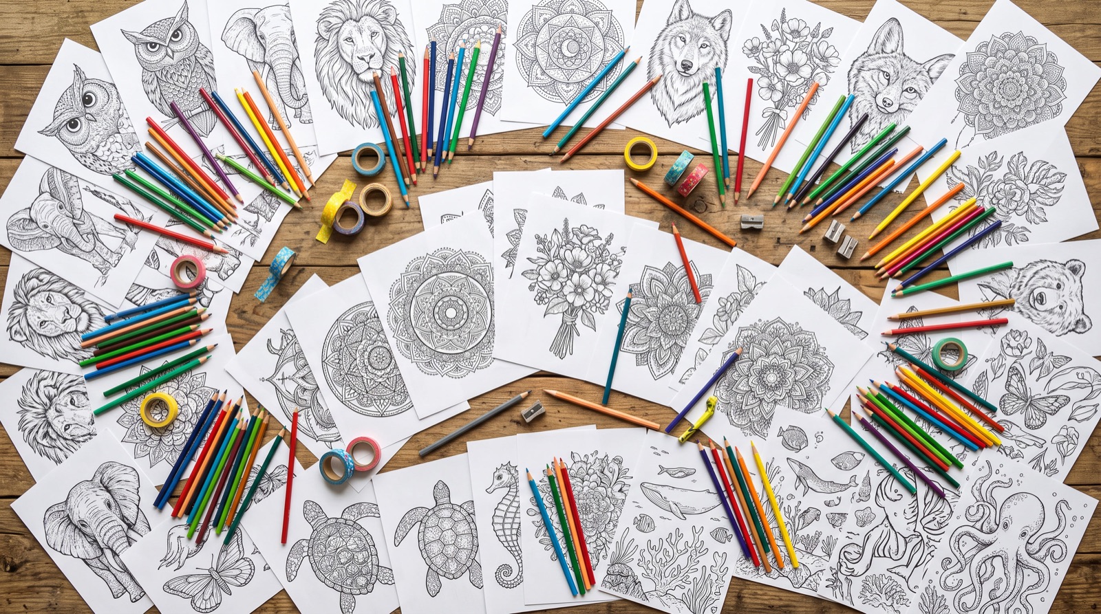 Many different coloring pages spread across a table with colored pencils