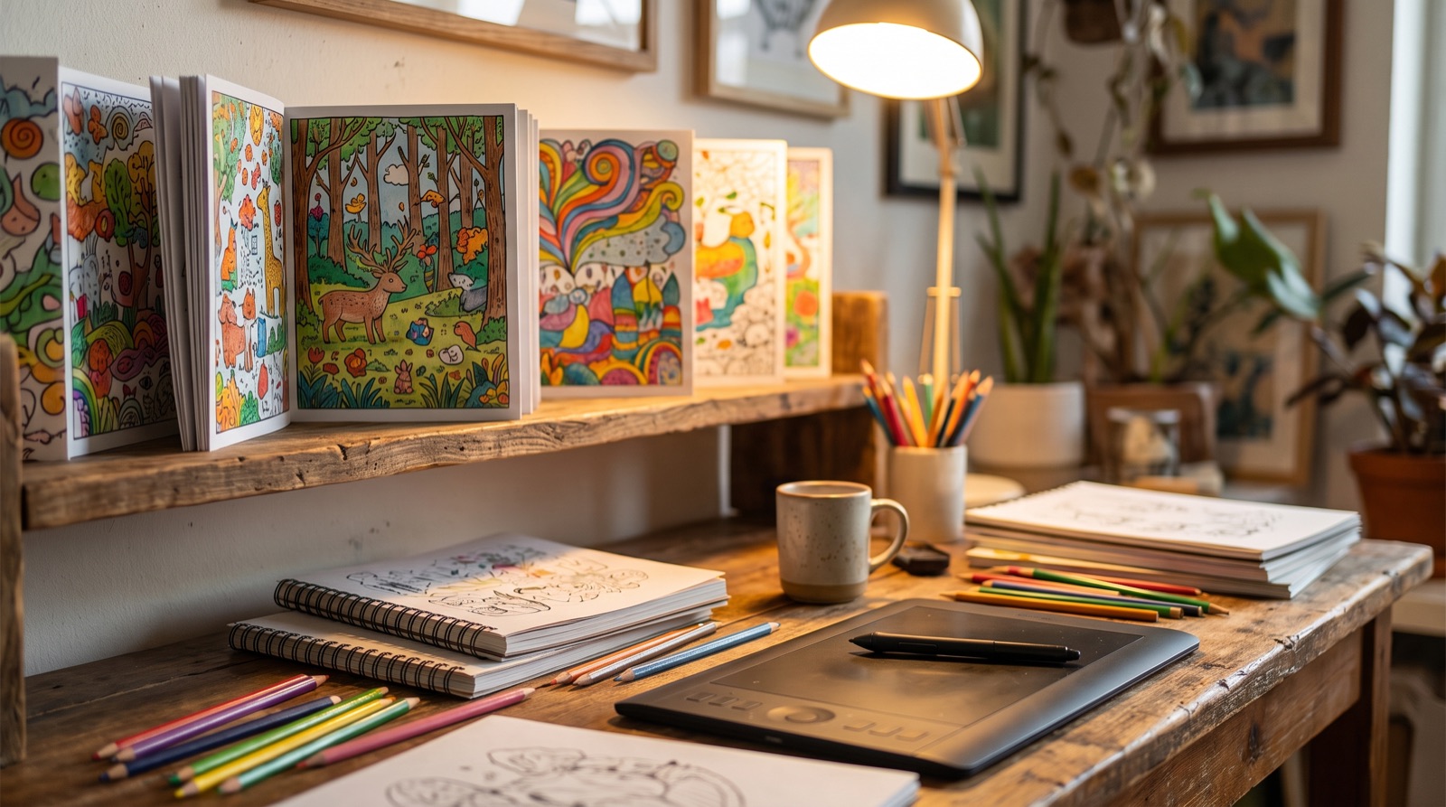 Printed coloring books with colorful covers standing on a shelf above a designer's desk