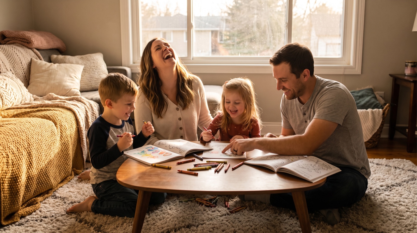 Family coloring together in coloring books around a living room table