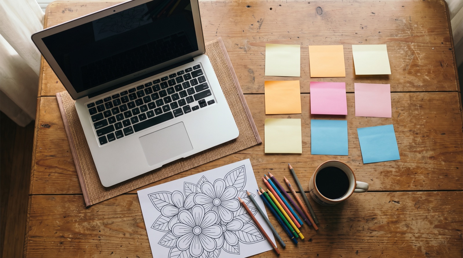 Desk with laptop, sticky notes and printed coloring pages during keyword research