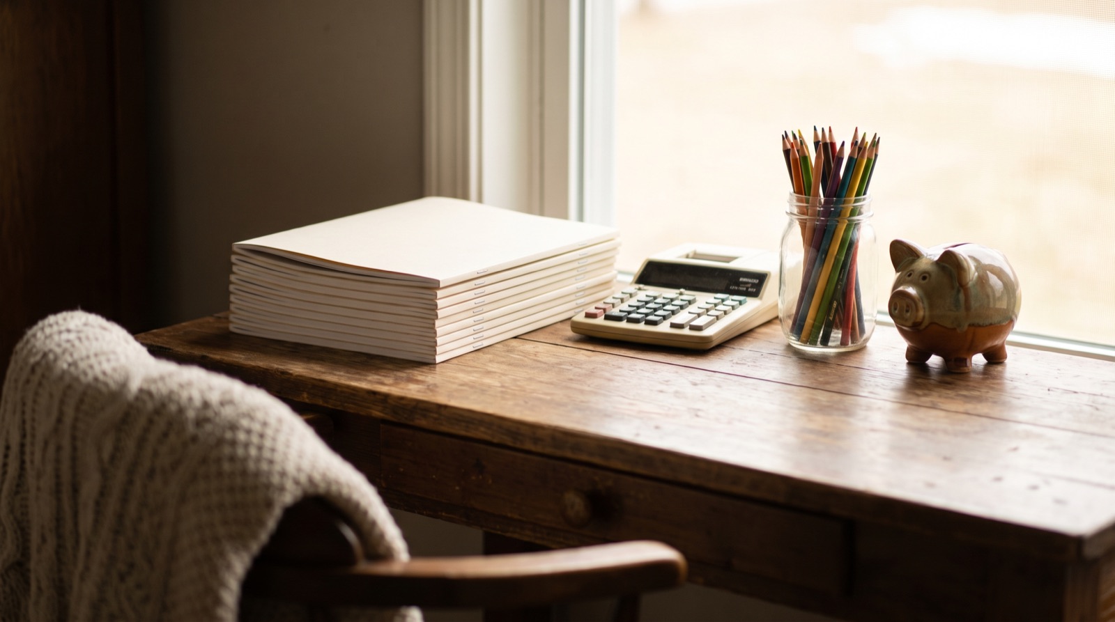 Stack of printed coloring books next to a calculator and colored pencils