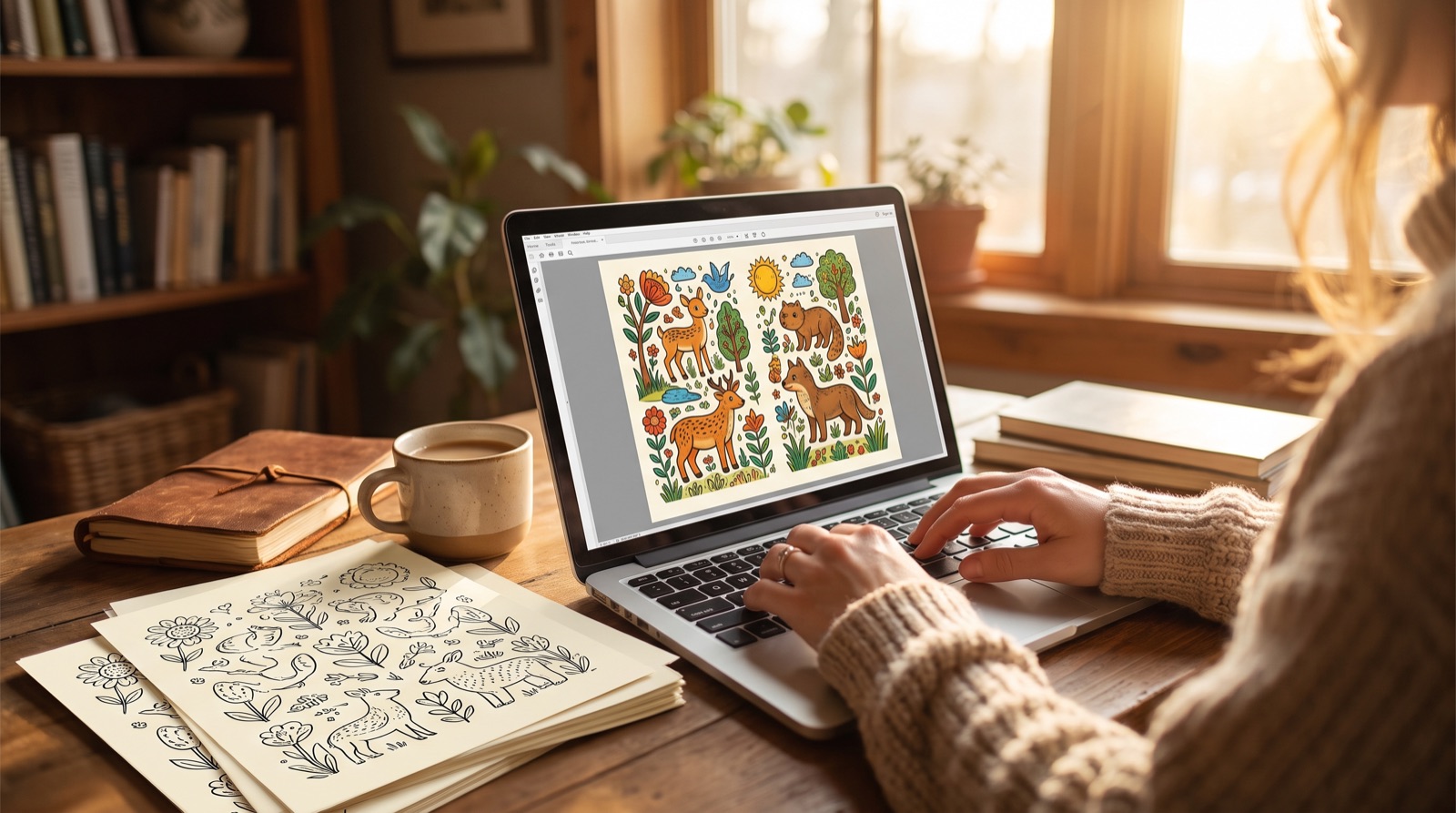 Self-publisher working on a coloring book cover at a laptop with printed pages beside it