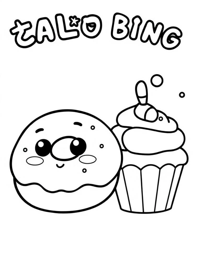 Kawaii food coloring page with cute dessert characters