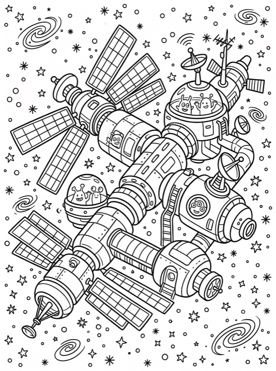 Space-themed coloring page with kid-friendly detail