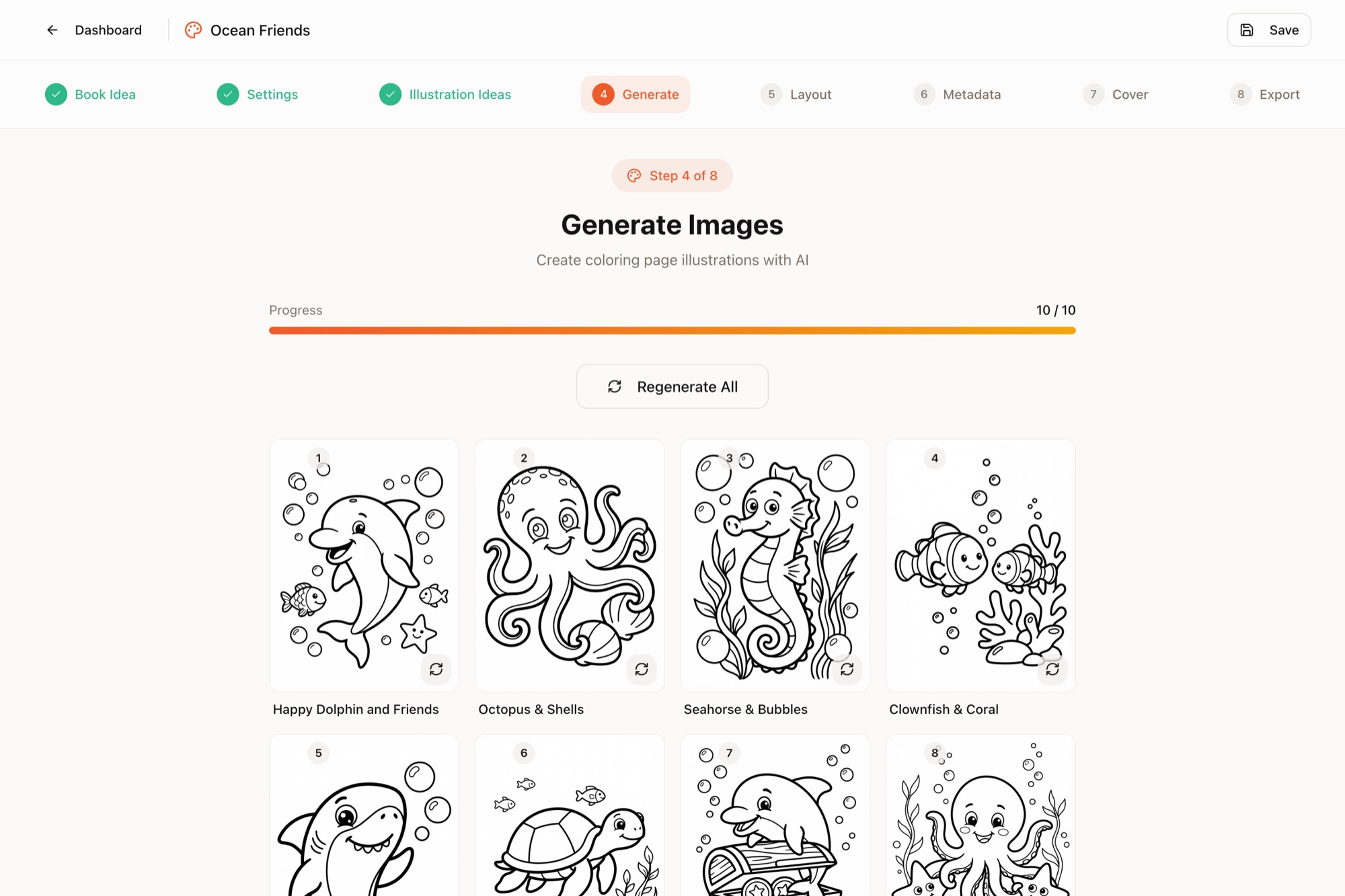 The Generate step of the app showing ten finished ocean-themed coloring pages