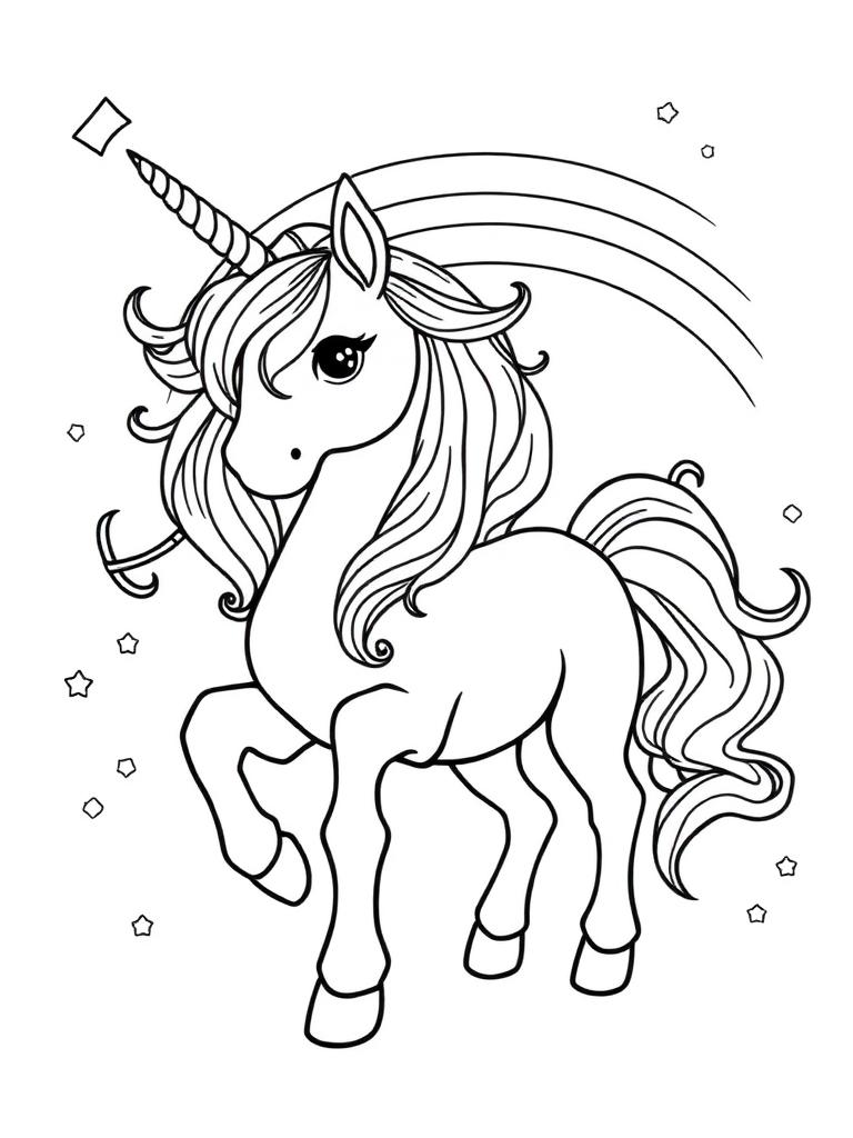 Ages 4-8 coloring page: unicorn scene with sturdy lines and simple background
